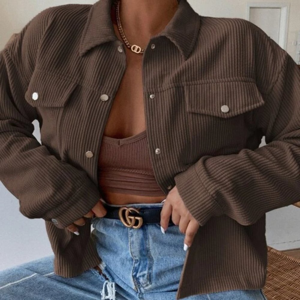 COFFEE BROWN CORDUROY BOTTON DOWN JACKET FALL WINT - Picture 1 of 7